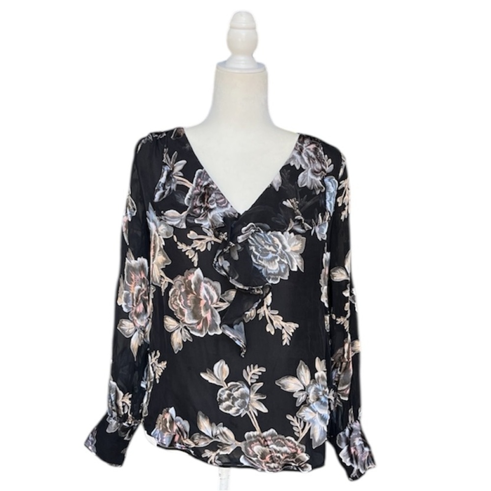 White House Black Market Floral V-Neck Women's Top - Black Long Sleeve Blouse - Picture 3 of 13